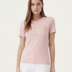 Camiseta rosa Guess con logotipo dorado "LA1981"
