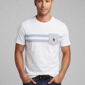 Camiseta Casual Blanca con Franjas y Bolsillo - U.S. Polo Assn. (Talla L, M)